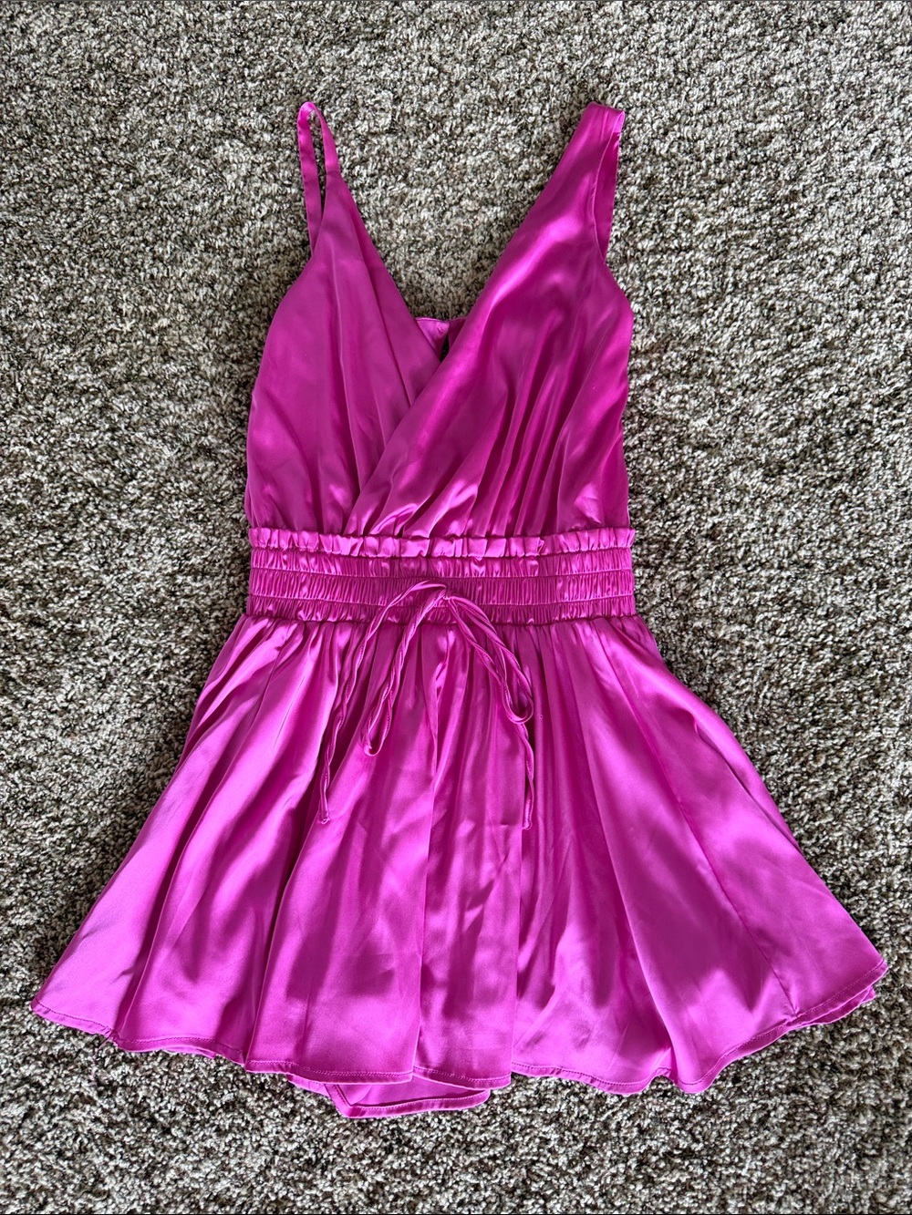Glam Fuchsia Satin Romper with Smocked Waist